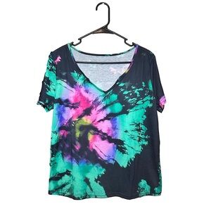 SHEIN Black, Green, Pink, and Purple Tie-Dye V-Neck T-Shirt